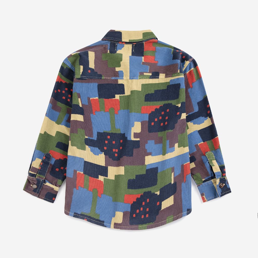 Bobo Choses Paint Forest corduroy shirt in multicolour organic cotton, all over forest print, button front