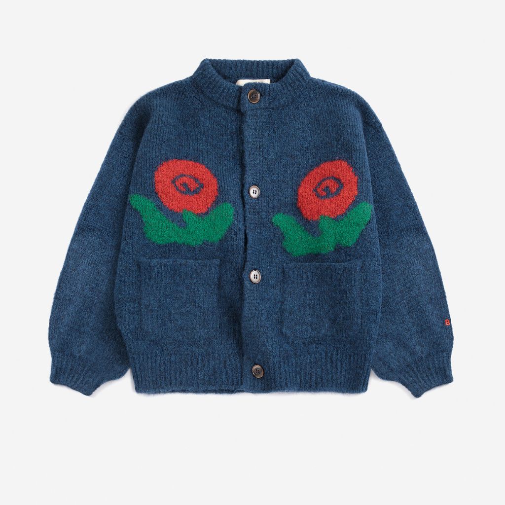 Bobo Choses Stamp Bloom cardigan in midnight blue merino blend knit, stamped floral motif, loose fit