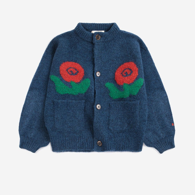 Bobo Choses Stamp Bloom cardigan in midnight blue merino blend knit, stamped floral motif, loose fit