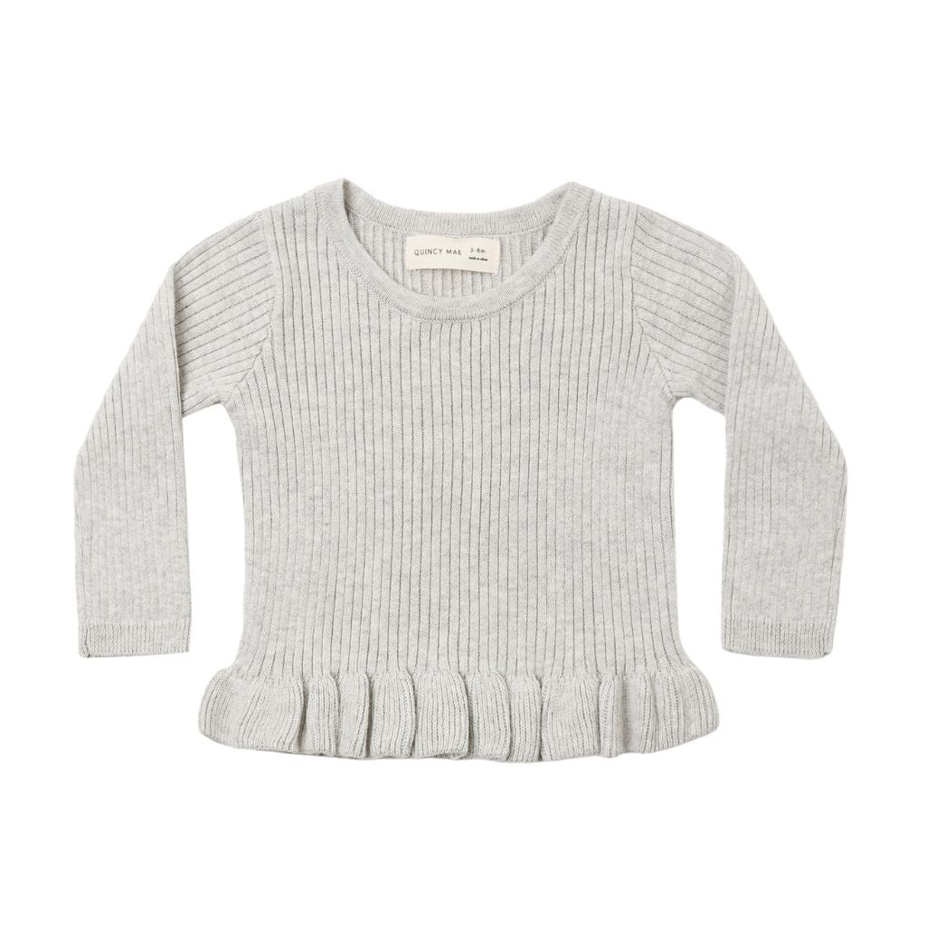 Quincy Mae Rib Knit Peplum Top Heathered Fog