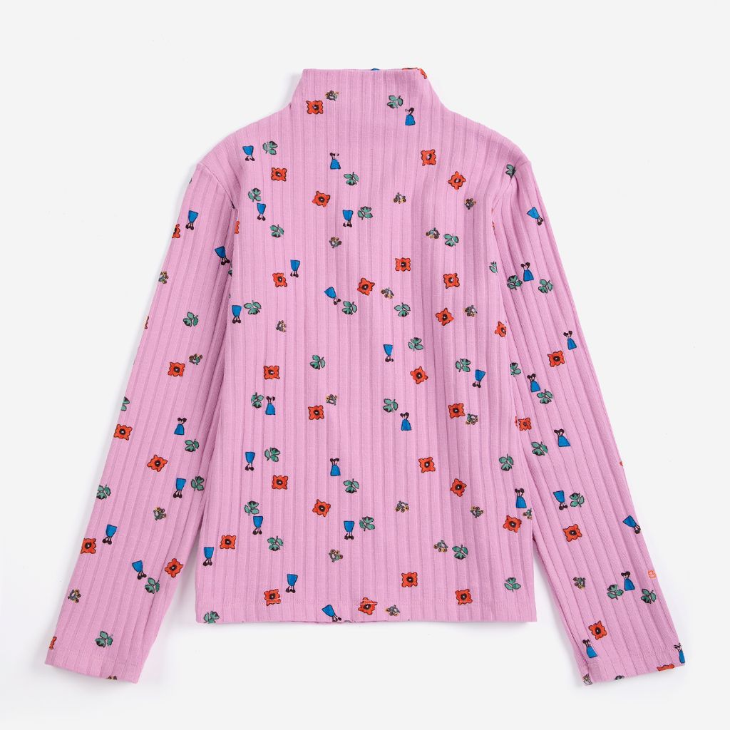 Bobo Choses Blossom turtleneck t-shirt in pink stretch cotton, turtle neck, all over floral print