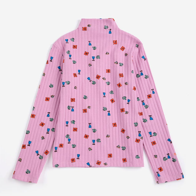 Bobo Choses Blossom turtleneck t-shirt in pink stretch cotton, turtle neck, all over floral print
