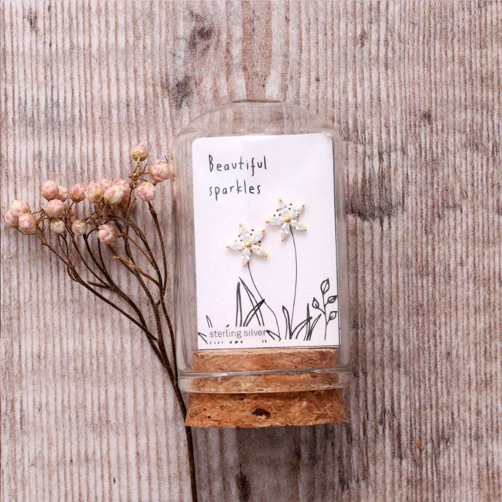 Five Crystal Flower Earrings Gold Clear