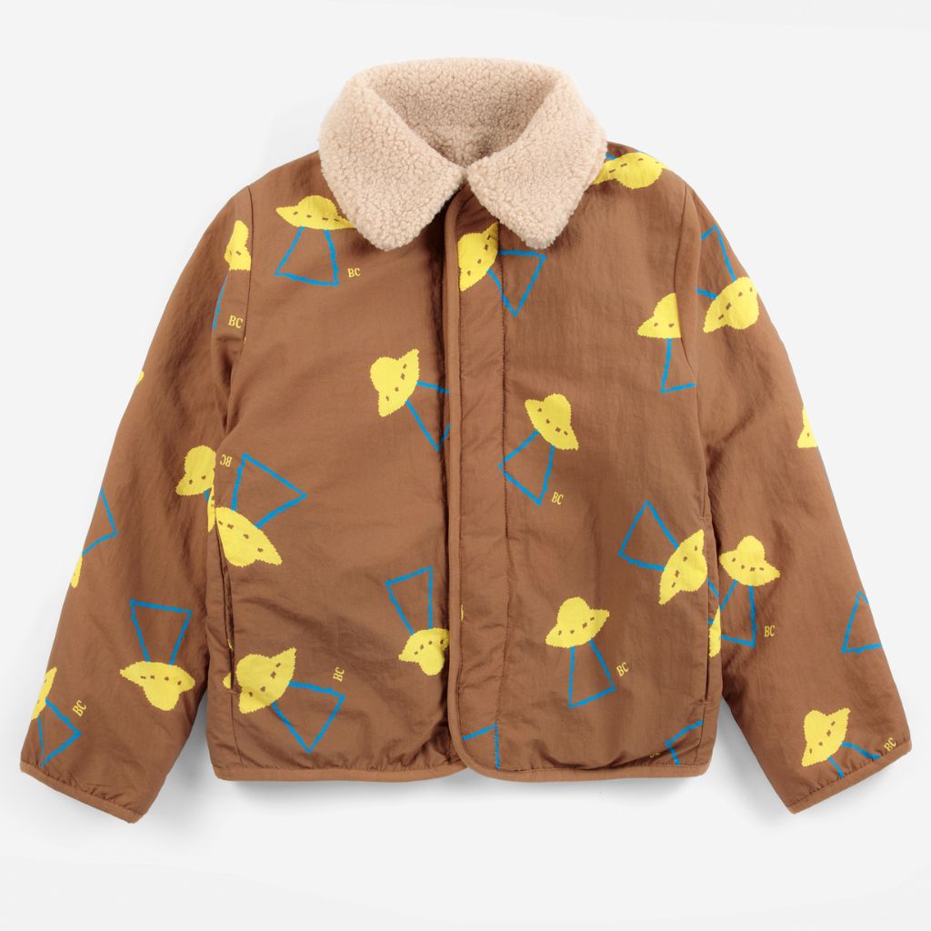 Bobo Choses Pixel Abduction reversible jacket in brown recycled polyamide, two sided wear, boxy fit
