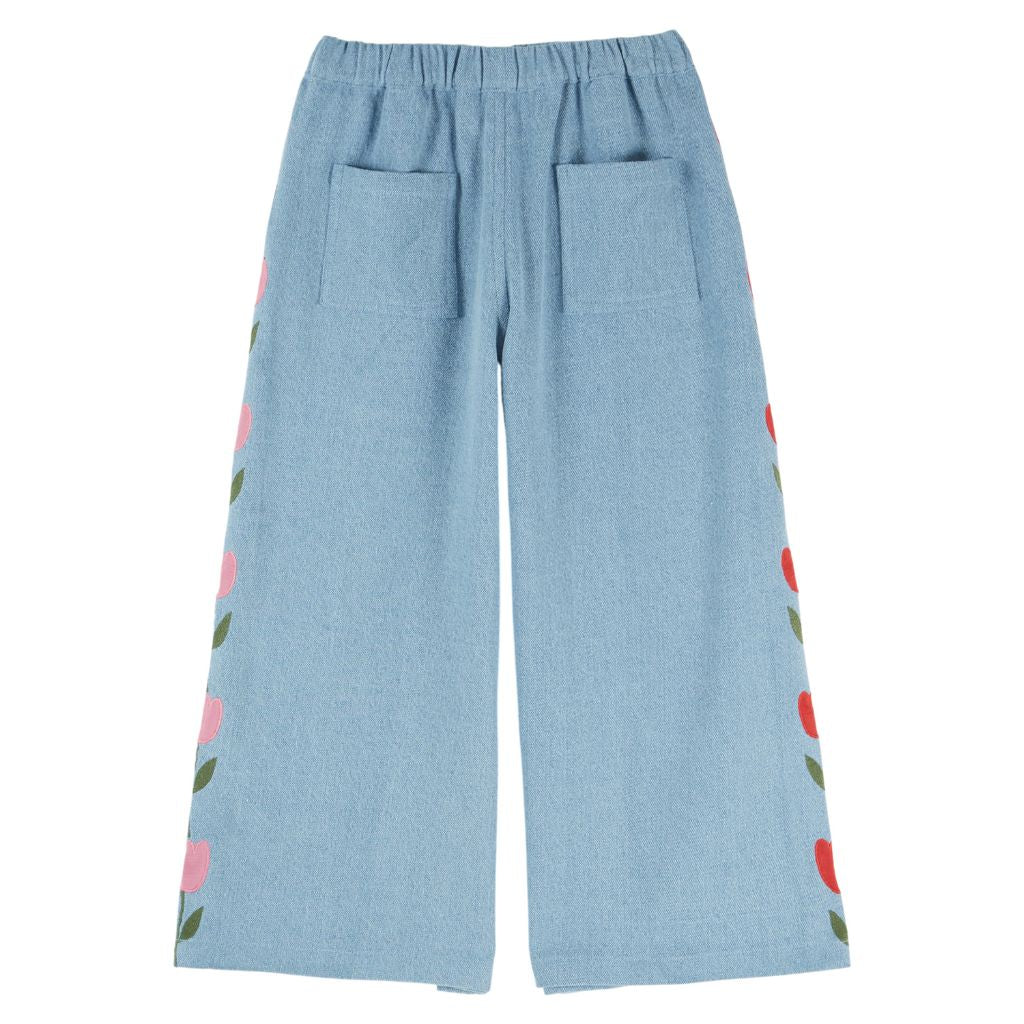 Emile & Ida Embroidered Tulip Denim Pants Washed Blue