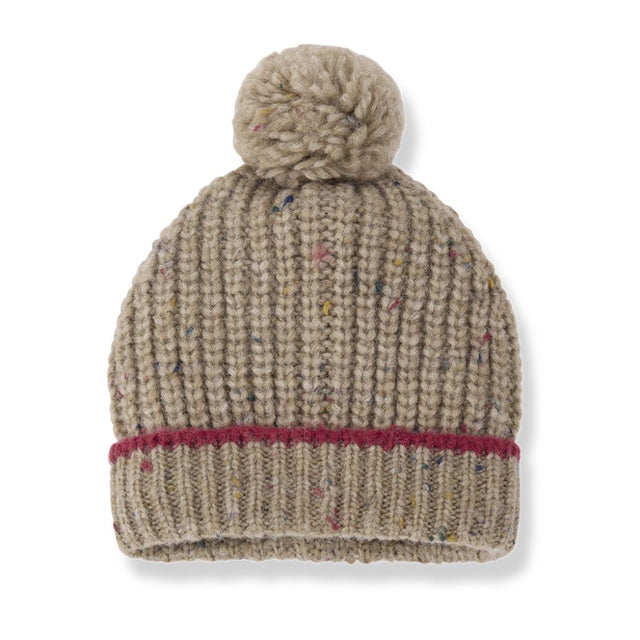 1 + in the Family LOUISE beige baby knitted beanie with a pom-pom and burgundy stripe