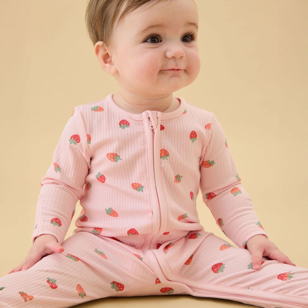 Mori Strawberry Ribbed Two Way Zip Up Sleepsuit