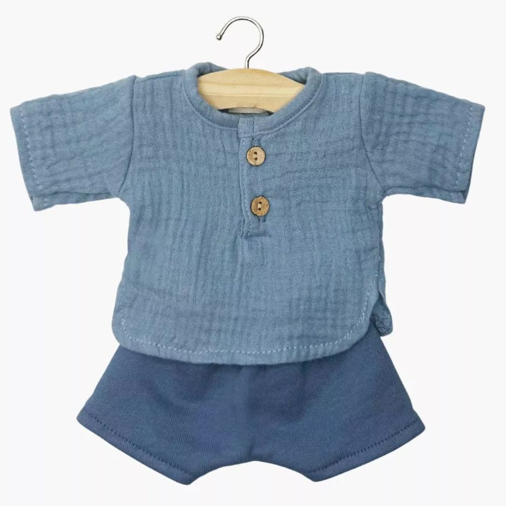 Minikane Babies Collection 28cm- Marien set, long-sleeved top in blue denim cotton gauze