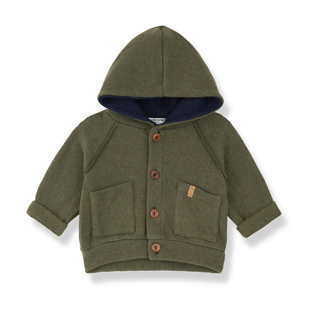 1 + in the Family EDMONTON khaki baby hooded cardigan in soft fleece with patch pockets