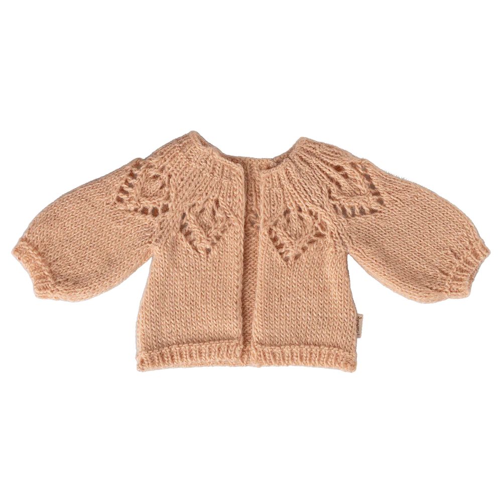 Knitted baby cardigan with puff sleeves on a white background