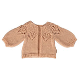 Knitted baby cardigan with puff sleeves on a white background
