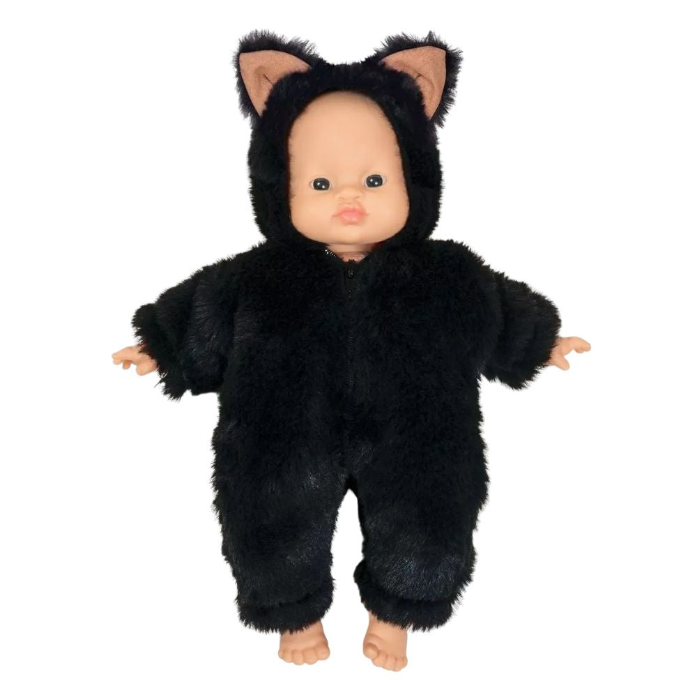 Minikane Babies Collection 28cm - Halloween Jumpsuit Little Cat in Faux Fur Rabbit Black