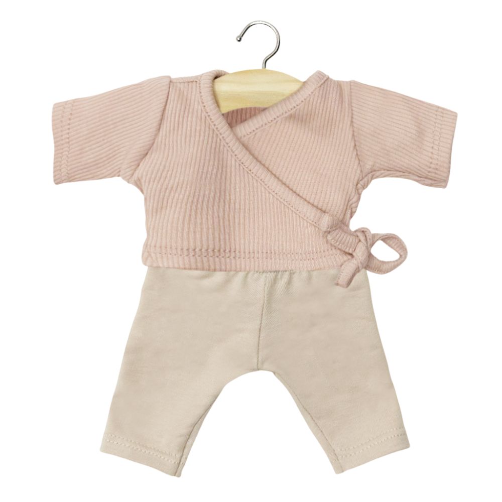 Minikane Clothing for Gordis Dolls 34cm- Roxane ribbed knit wrapover set in petal pink and linen Leggings