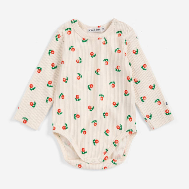 Bobo Choses Baby Stamp Bloom bodysuit in cream stretch organic cotton, floral print, snap gusset