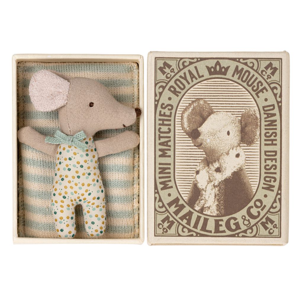 Maileg Sleepy/wakey baby mouse in matchbox - Blue