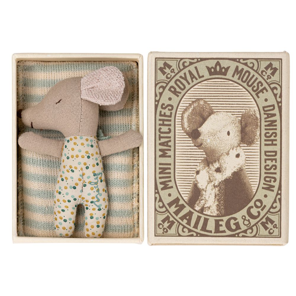 Maileg Sleepy/wakey baby mouse in matchbox - Blue